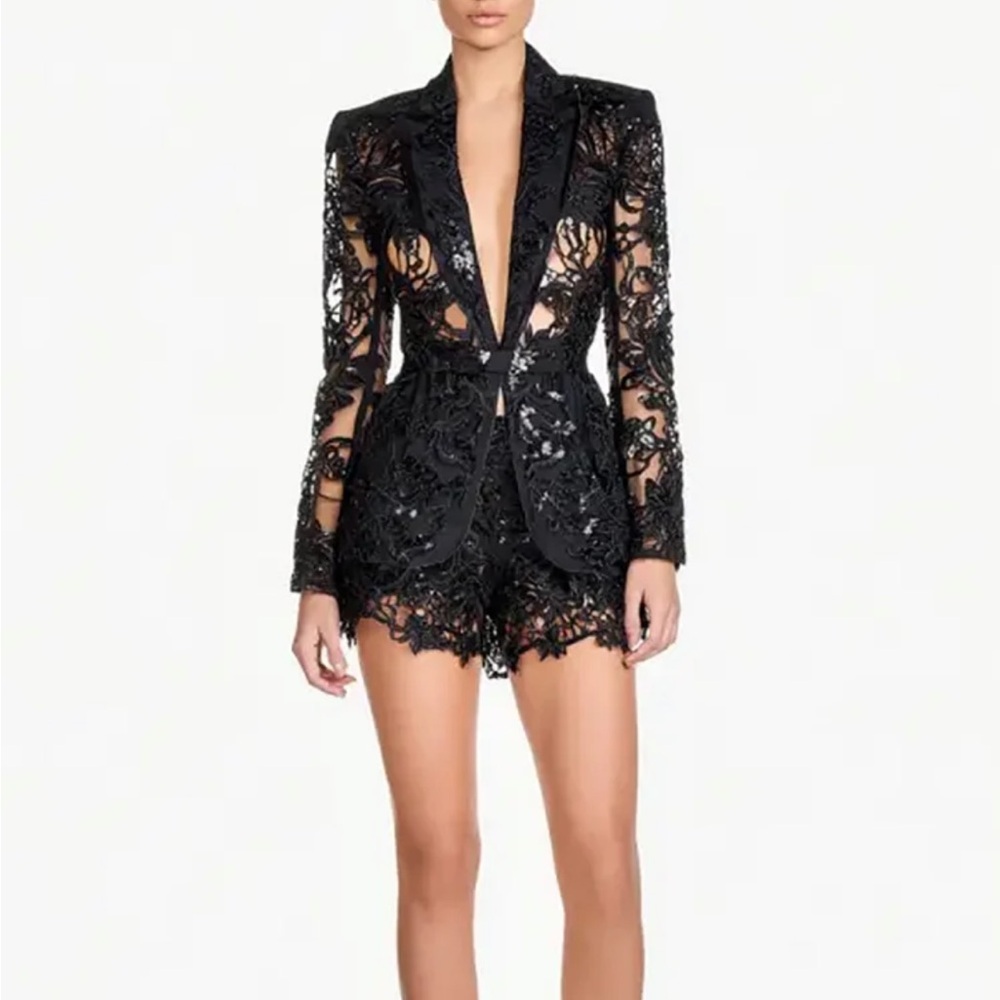 Juicy Couture Black Lace Embellished Romper Blazer